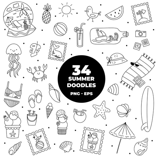 COD781 - Summer doodles bundle, sea clipart,  beach png, Summer vibes clipart