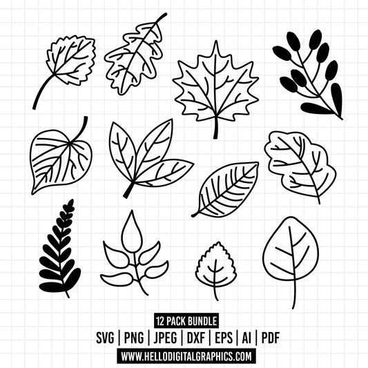 COD823 - Leaves SVG Bundle, Hand Drawn Leaves SVG, Plant Svg, Paper Leaves, Leaf Templates, Wreath, Cut Files, Leaf Clipart, Cricut Silhouette SVG