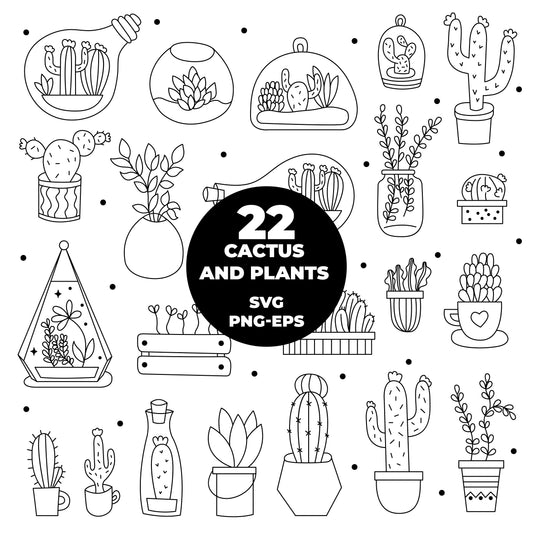 COD872  Cactus cliparts, Succulent SVG, CACTUS SVG, House Plants Clipart, Terrarium Cactus Art, Cactus Doodles Clipart, Digital Stamp
