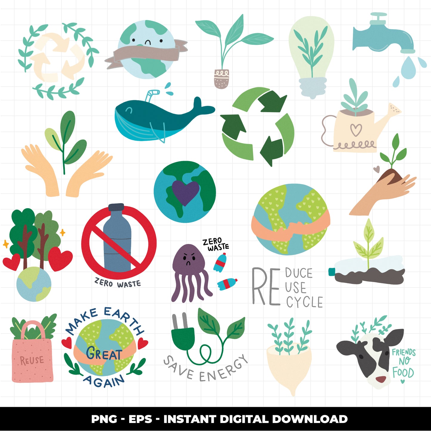 COD933 Earth Day Clipart, Earth Day Planner Doodles, Reduce Reuse Recycle Graphics, Instant Download, Commercial use