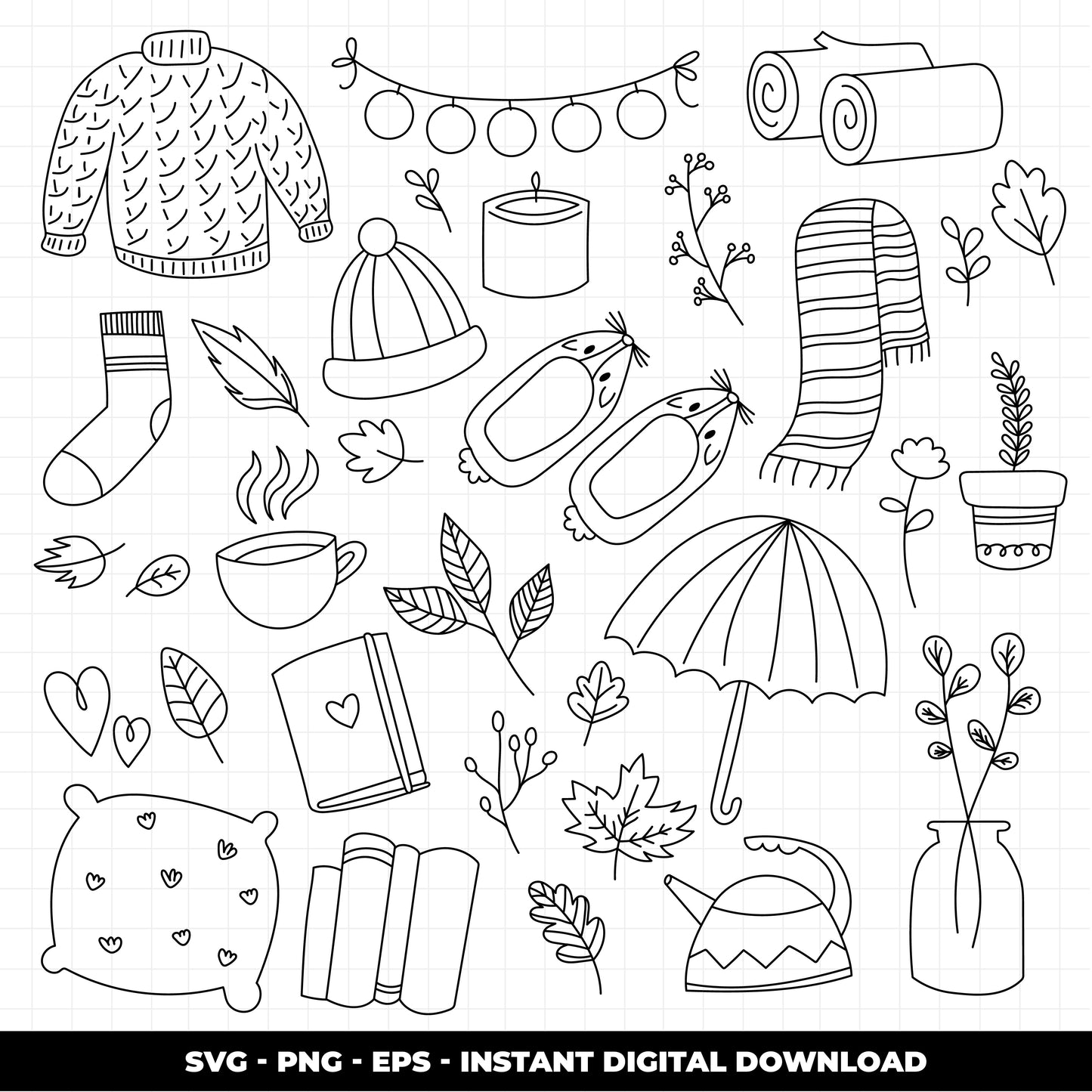 COD937 Autumn svg, fall clipart, Leaves clipart, Plants svg, fall svg, cozy doodle svg